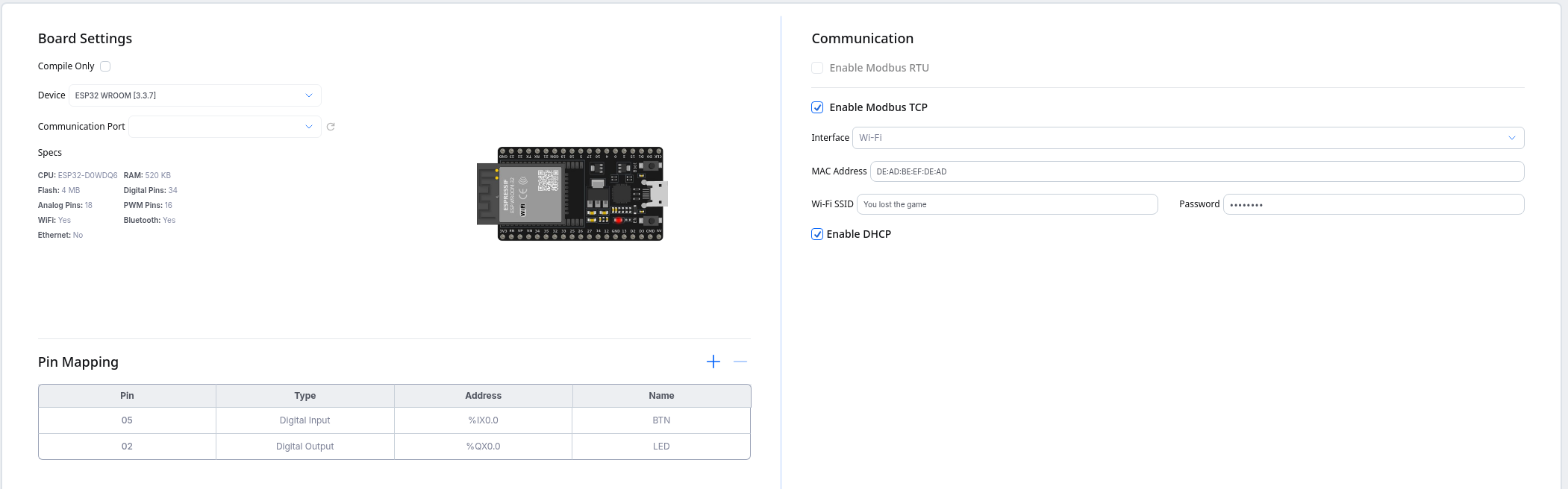 The hardware configuration screen of OpenPLC
