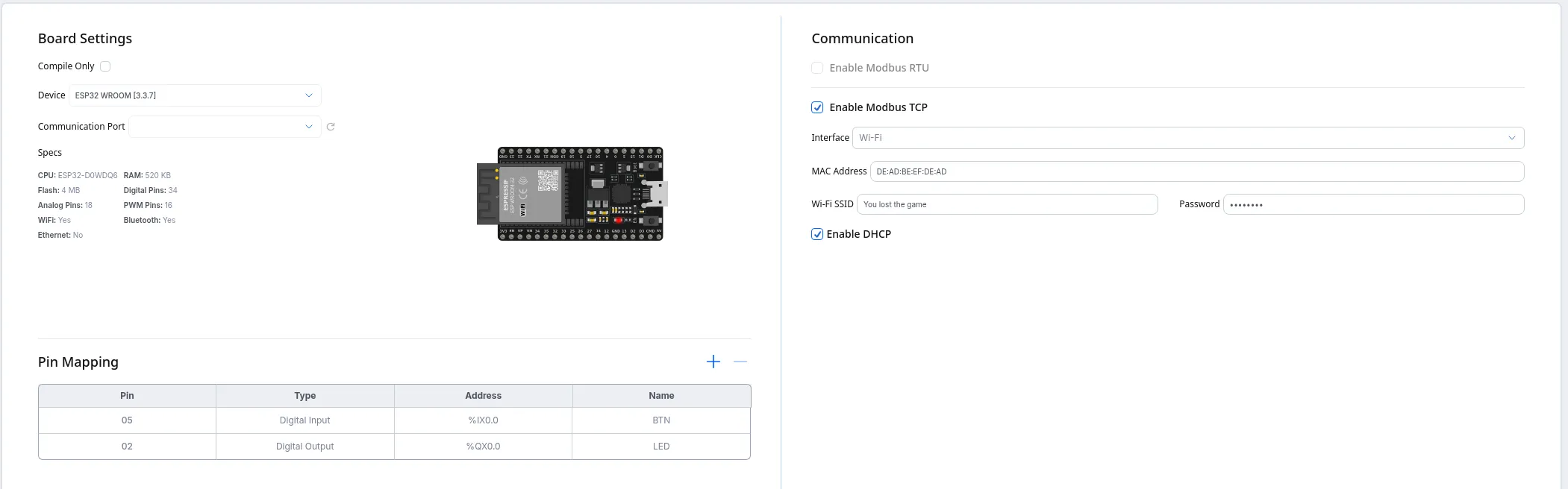 The hardware configuration screen of OpenPLC