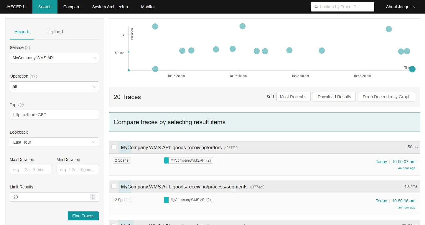 Jeager-UI showing a query